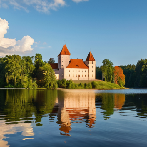Home 4 **Prompt:** "Scenic view of Lake Galvė, Trakai, Lithuania. Crystal clear water reflecting the sky, with Trakai Castle majestically rising in the distance. A small boat or kayak gently gliding across the lake. Lush green forests surrounding the lake. Golden hour lighting. Realistic, high detail."