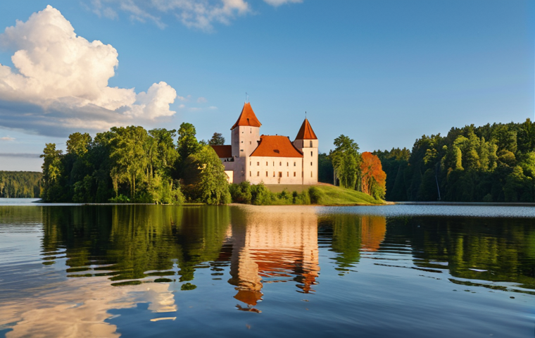 **Prompt:** "Scenic view of Lake Galvė, Trakai, Lithuania. Crystal clear water reflecting the sky, with Trakai Castle majestically rising in the distance. A small boat or kayak gently gliding across the lake. Lush green forests surrounding the lake. Golden hour lighting. Realistic, high detail."