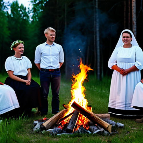 Home 6 Celebrating Joninės**
"A group of fully clothed people in traditional Lithuanian clothing celebrating Joninės (Midsummer) around a bonfire at night, appropriate attire, safe for work, perfect anatomy, natural proportions, professional photography, warm lighting, family-friendly, modest clothing."
**