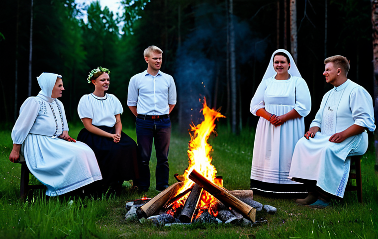 Celebrating Joninės**

"A group of fully clothed people in traditional Lithuanian clothing celebrating Joninės (Midsummer) around a bonfire at night, appropriate attire, safe for work, perfect anatomy, natural proportions, professional photography, warm lighting, family-friendly, modest clothing."

**